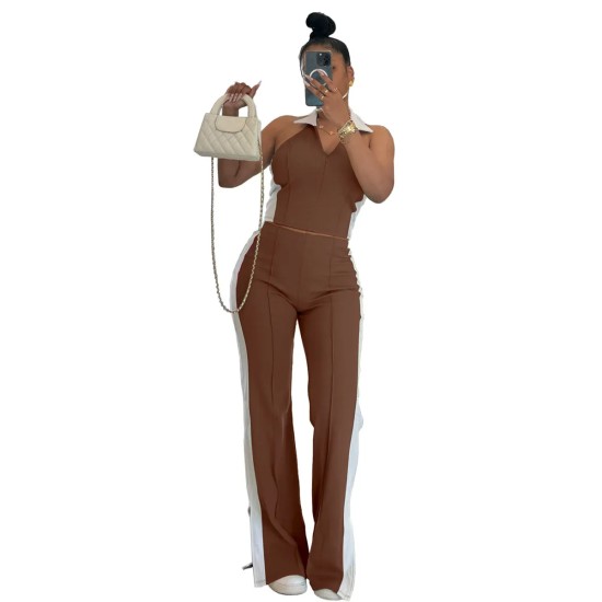 Women Fashion Blocking Color V-Neck Zipper Sleeveless Top Split Pants Two-Piece Set