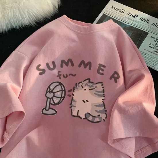 Women Fashion Casual Cartoon Printed Short-Sleeve Loose T-Shirt