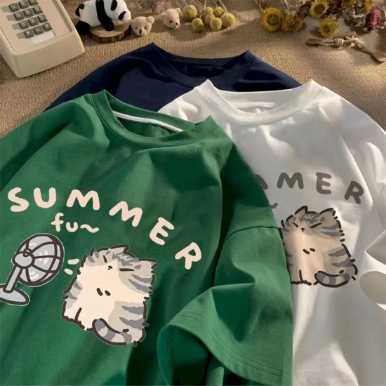 Women Fashion Casual Cartoon Printed Short-Sleeve Loose T-Shirt