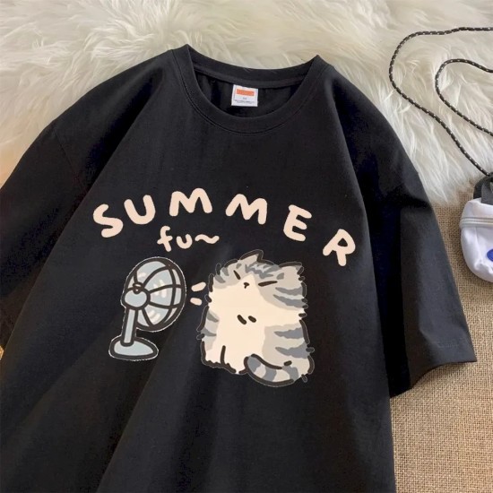 Women Fashion Casual Cartoon Printed Short-Sleeve Loose T-Shirt