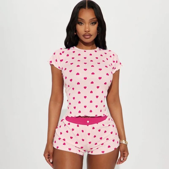 Women Fashion Casual Love Print Short-Sleeve T-Shirt Slim-Fit Shorts Pajamas Two-Piece Set