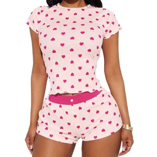 Women Fashion Casual Love Print Short-Sleeve T-Shirt Slim-Fit Shorts Pajamas Two-Piece Set
