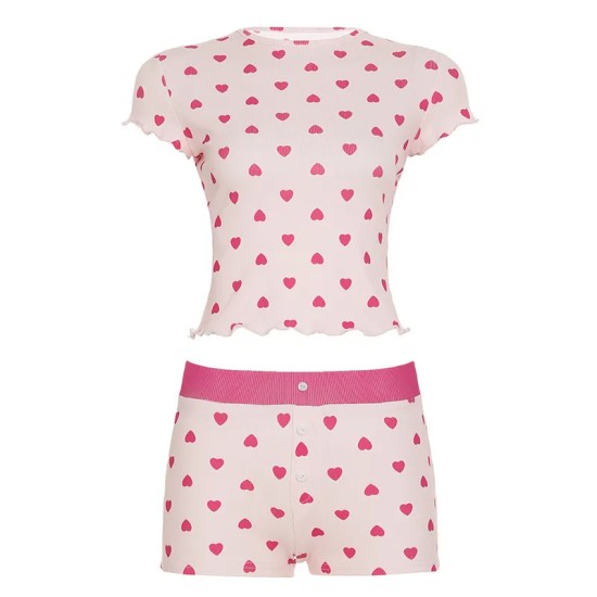Women Fashion Casual Love Print Short-Sleeve T-Shirt Slim-Fit Shorts Pajamas Two-Piece Set
