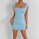 Women Fashion Sexy Simple Solid Color Square Neck Short-Sleeve Tight Dress
