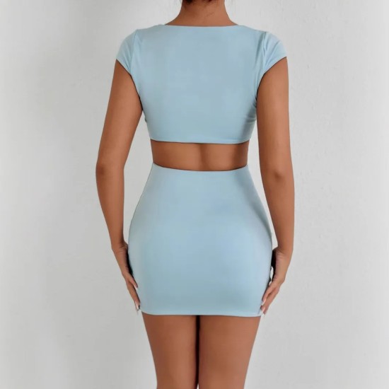 Women Fashion Sexy Simple Solid Color Square Neck Short-Sleeve Tight Dress