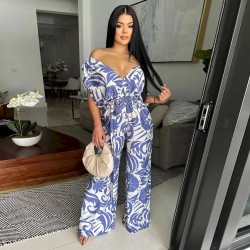 Women Fashion Casual Printed Bat-Sleeve Backless Wide-Leg Loose Jumpsuits