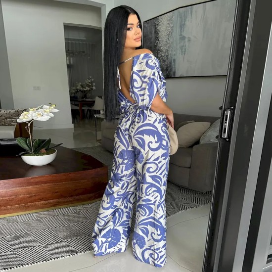 Women Fashion Casual Printed Bat-Sleeve Backless Wide-Leg Loose Jumpsuits