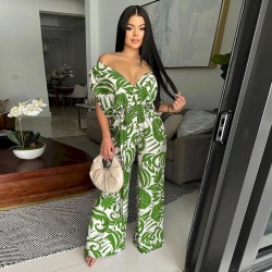 Women Fashion Casual Printed Bat-Sleeve Backless Wide-Leg Loose Jumpsuits