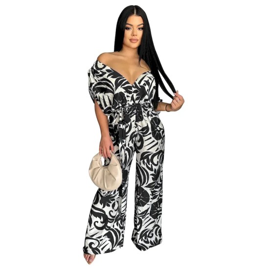 Women Fashion Casual Printed Bat-Sleeve Backless Wide-Leg Loose Jumpsuits
