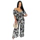 Women Fashion Casual Printed Bat-Sleeve Backless Wide-Leg Loose Jumpsuits