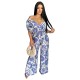 Women Fashion Casual Printed Bat-Sleeve Backless Wide-Leg Loose Jumpsuits
