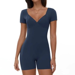Women Fashion Solid Color V-Neck Short-Sleeve Backless Yoga Sports Rompers