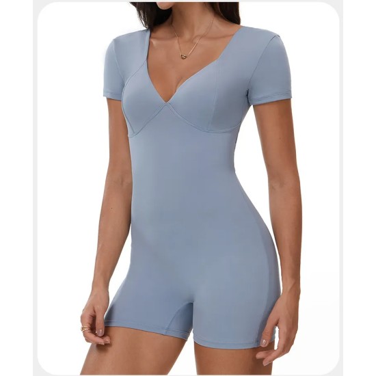 Women Fashion Solid Color V-Neck Short-Sleeve Backless Yoga Sports Rompers
