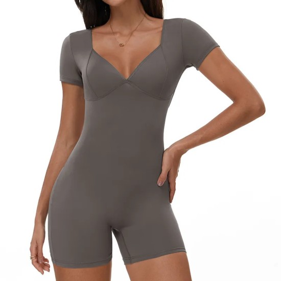 Women Fashion Solid Color V-Neck Short-Sleeve Backless Yoga Sports Rompers