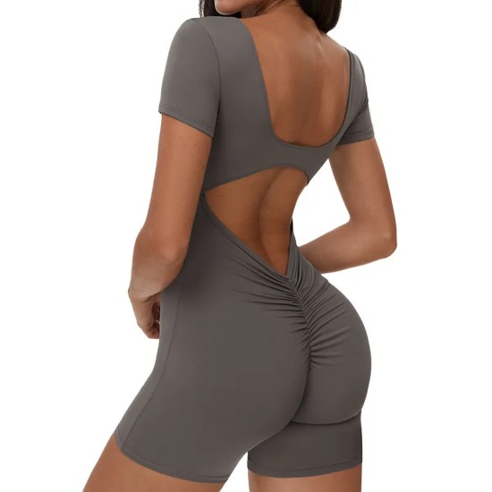 Women Fashion Solid Color V-Neck Short-Sleeve Backless Yoga Sports Rompers