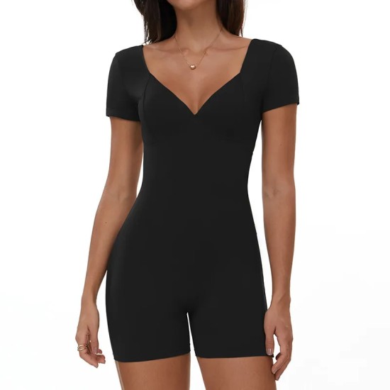 Women Fashion Solid Color V-Neck Short-Sleeve Backless Yoga Sports Rompers