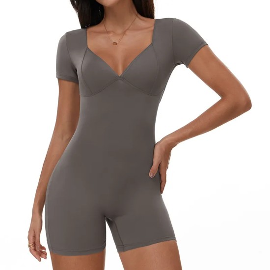 Women Fashion Solid Color V-Neck Short-Sleeve Backless Yoga Sports Rompers