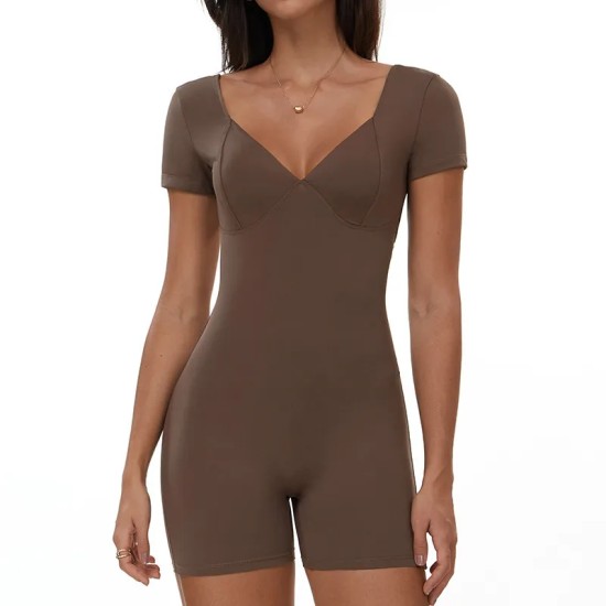 Women Fashion Solid Color V-Neck Short-Sleeve Backless Yoga Sports Rompers
