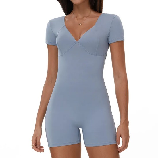 Women Fashion Solid Color V-Neck Short-Sleeve Backless Yoga Sports Rompers