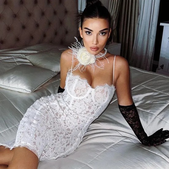 Women Fashion Sexy Solid Color Lace Spaghetti Strap Backless Slim-Fit Dress