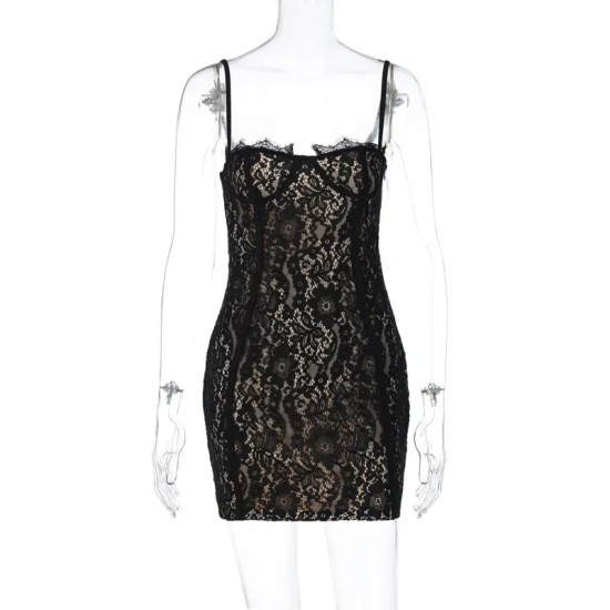 Women Fashion Sexy Solid Color Lace Spaghetti Strap Backless Slim-Fit Dress