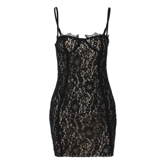 Women Fashion Sexy Solid Color Lace Spaghetti Strap Backless Slim-Fit Dress