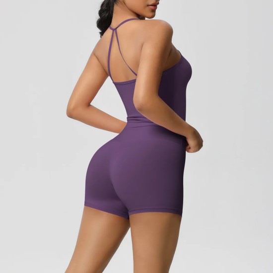 Women Fashion Casual Solid Color Backless Tank Top Tight Shorts Yoga Sports Two-Piece Set