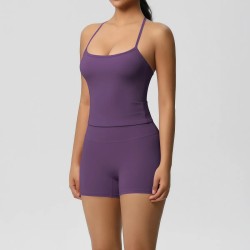 Women Fashion Casual Solid Color Backless Tank Top Tight Shorts Yoga Sports Two-Piece Set