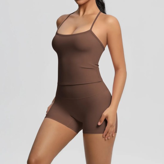 Women Fashion Casual Solid Color Backless Tank Top Tight Shorts Yoga Sports Two-Piece Set