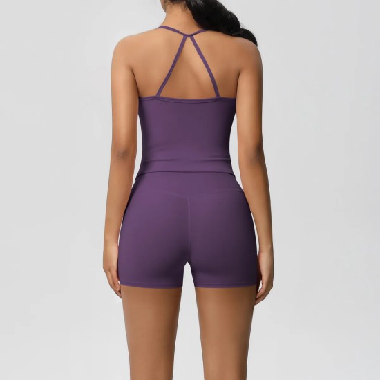 Women Fashion Casual Solid Color Backless Tank Top Tight Shorts Yoga Sports Two-Piece Set