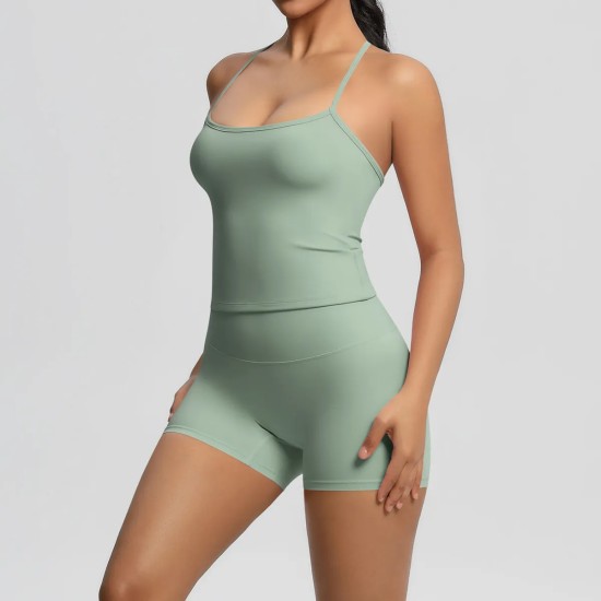 Women Fashion Casual Solid Color Backless Tank Top Tight Shorts Yoga Sports Two-Piece Set