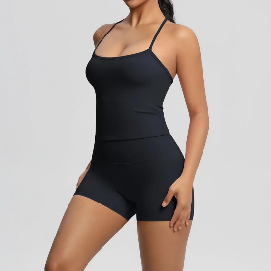 Women Fashion Casual Solid Color Backless Tank Top Tight Shorts Yoga Sports Two-Piece Set