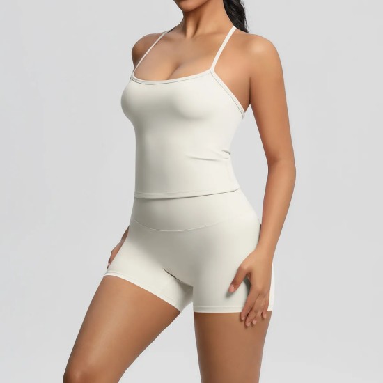 Women Fashion Casual Solid Color Backless Tank Top Tight Shorts Yoga Sports Two-Piece Set