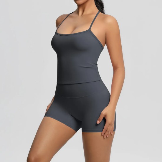 Women Fashion Casual Solid Color Backless Tank Top Tight Shorts Yoga Sports Two-Piece Set