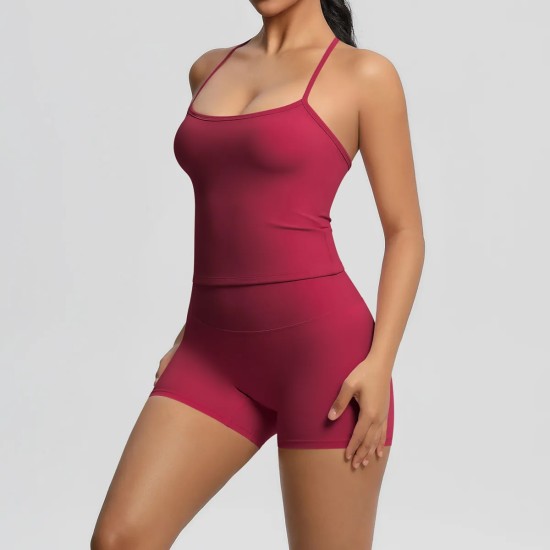 Women Fashion Casual Solid Color Backless Tank Top Tight Shorts Yoga Sports Two-Piece Set