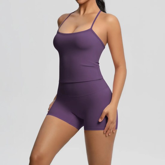 Women Fashion Casual Solid Color Backless Tank Top Tight Shorts Yoga Sports Two-Piece Set