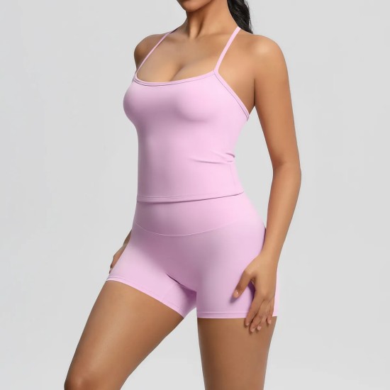 Women Fashion Casual Solid Color Backless Tank Top Tight Shorts Yoga Sports Two-Piece Set