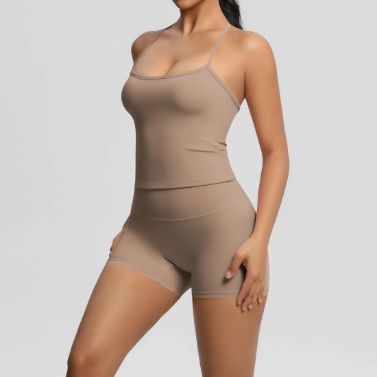 Women Fashion Casual Solid Color Backless Tank Top Tight Shorts Yoga Sports Two-Piece Set