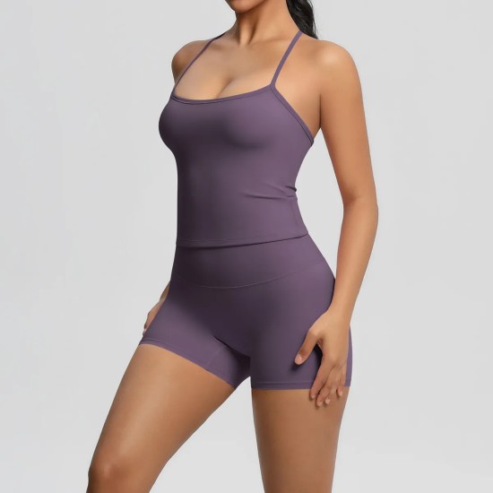 Women Fashion Casual Solid Color Backless Tank Top Tight Shorts Yoga Sports Two-Piece Set