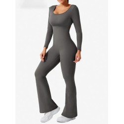 Women Fashion Casual Solid Color Square Neck Long-Sleeve Backless Yoga Sports Jumpsuits