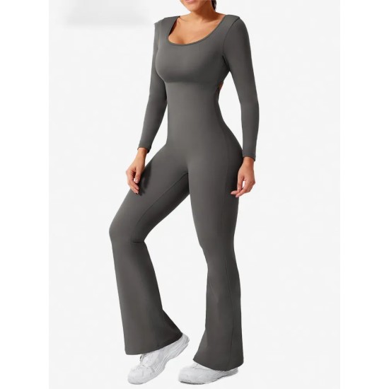 Women Fashion Casual Solid Color Square Neck Long-Sleeve Backless Yoga Sports Jumpsuits