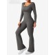 Women Fashion Casual Solid Color Square Neck Long-Sleeve Backless Yoga Sports Jumpsuits