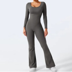 Women Fashion Casual Solid Color Square Neck Long-Sleeve Backless Yoga Sports Jumpsuits
