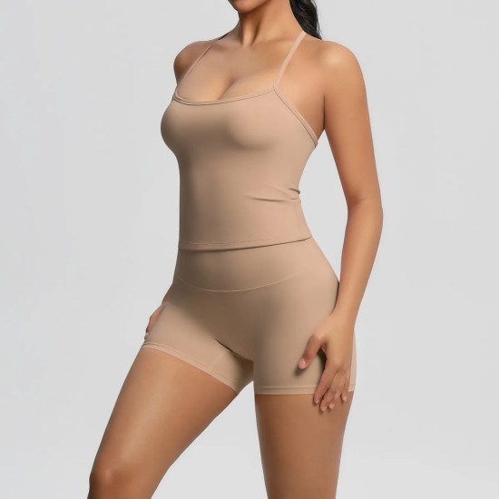 Women Fashion Casual Solid Color Backless Tank Top Tight Shorts Yoga Sports Two-Piece Set