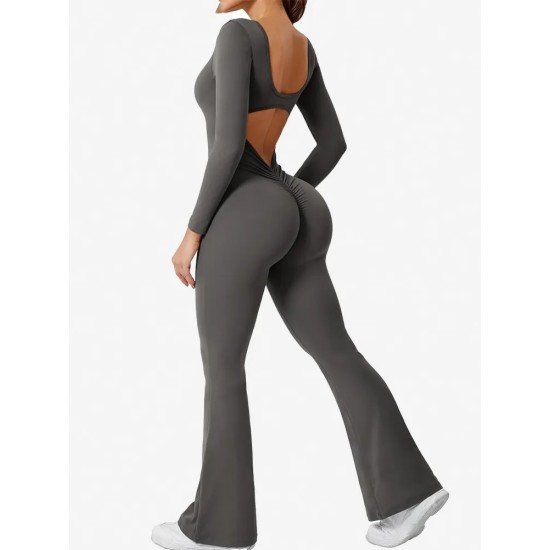 Women Fashion Casual Solid Color Square Neck Long-Sleeve Backless Yoga Sports Jumpsuits