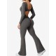 Women Fashion Casual Solid Color Square Neck Long-Sleeve Backless Yoga Sports Jumpsuits