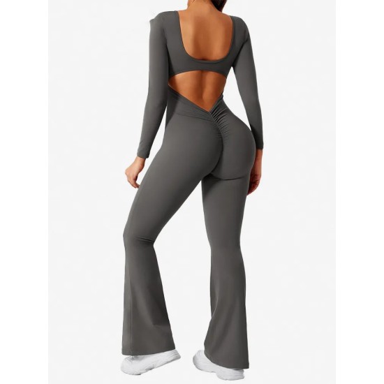 Women Fashion Casual Solid Color Square Neck Long-Sleeve Backless Yoga Sports Jumpsuits