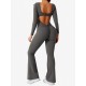 Women Fashion Casual Solid Color Square Neck Long-Sleeve Backless Yoga Sports Jumpsuits