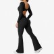 Women Fashion Casual Solid Color Square Neck Long-Sleeve Backless Yoga Sports Jumpsuits