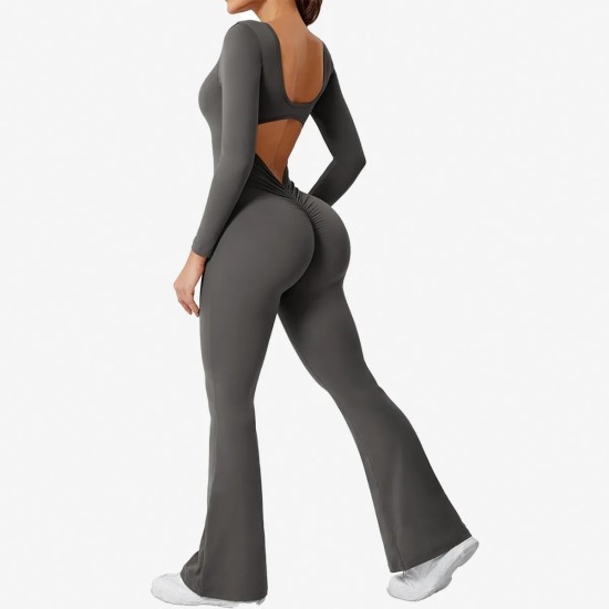 Women Fashion Casual Solid Color Square Neck Long-Sleeve Backless Yoga Sports Jumpsuits
